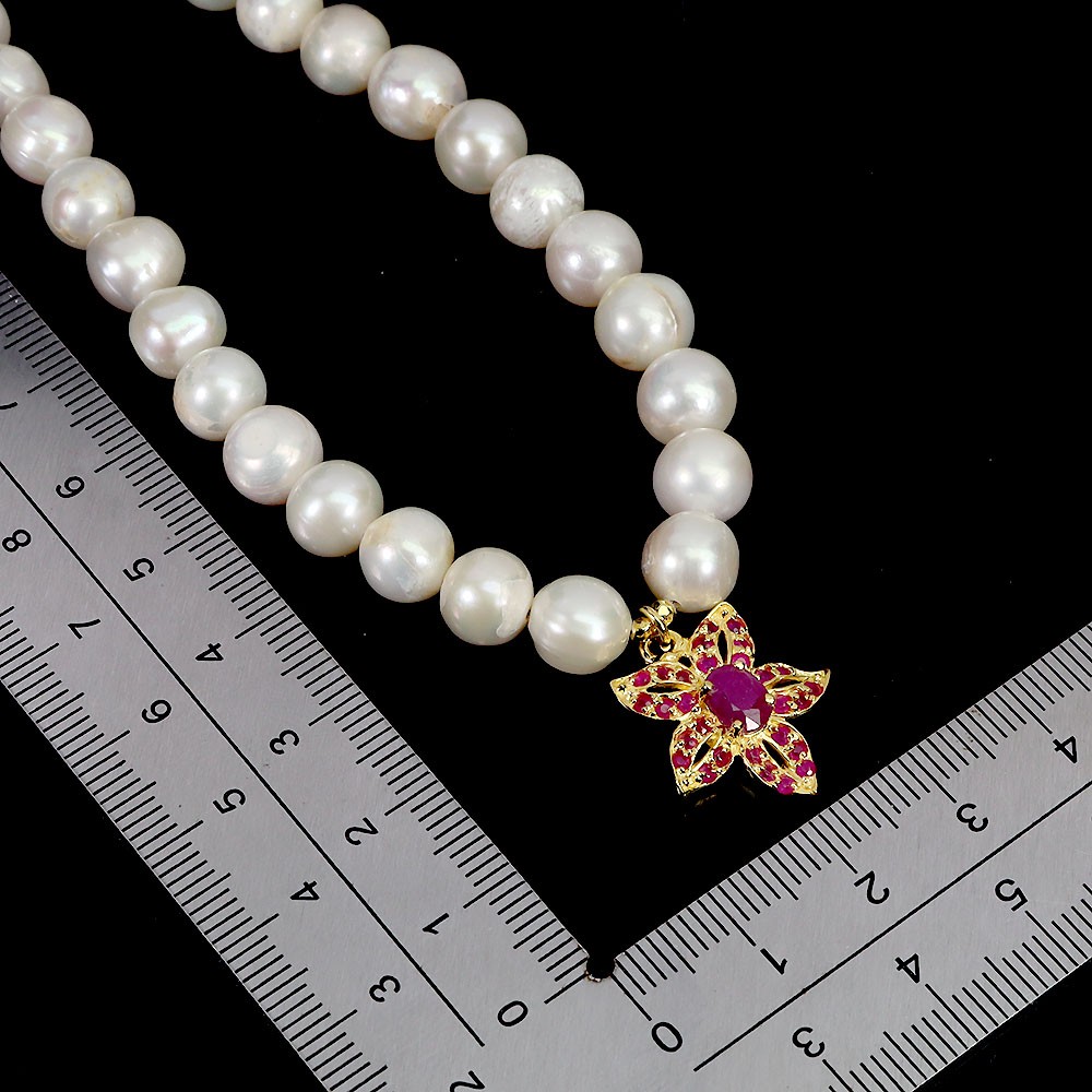925 Sterling Silver Necklace Oval Ruby 6x5mm Pearl Gemstone Jewelry 17.5 Inches