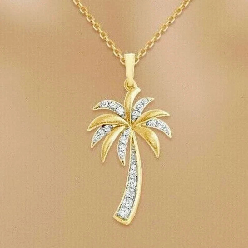 2 Ct Lab Created Diamond Women’s Palm Tree Pendant 14K Yellow Gold Plated