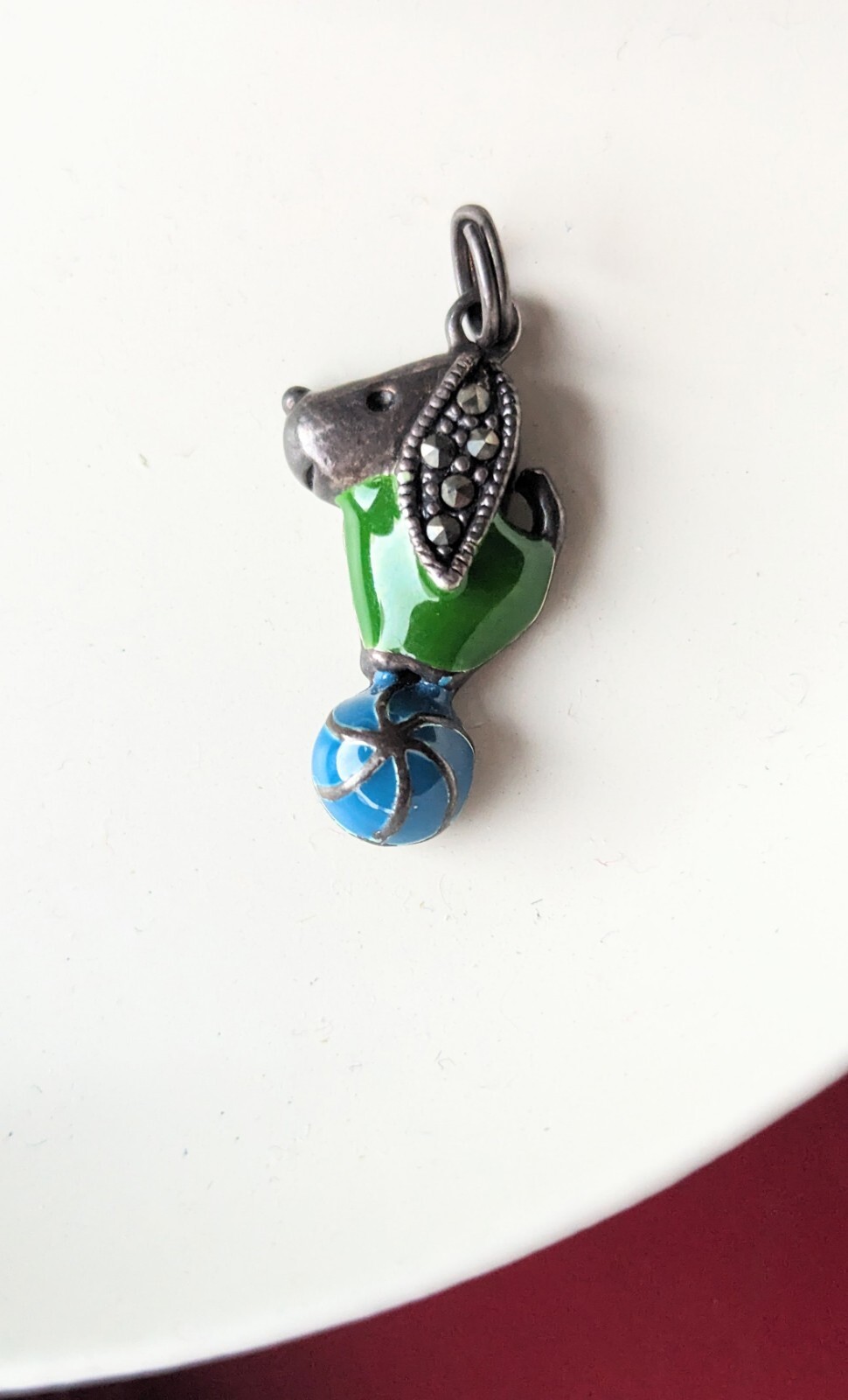 Vtg Sterling Silver 925 Dog Charm Pendant Puppy Circus Ball Green Blue Enamel