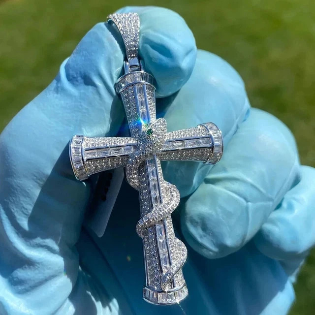 2.30Ct Baguette Lab-Created Diamond Cluster Cross Pendant 14K White Gold Plated