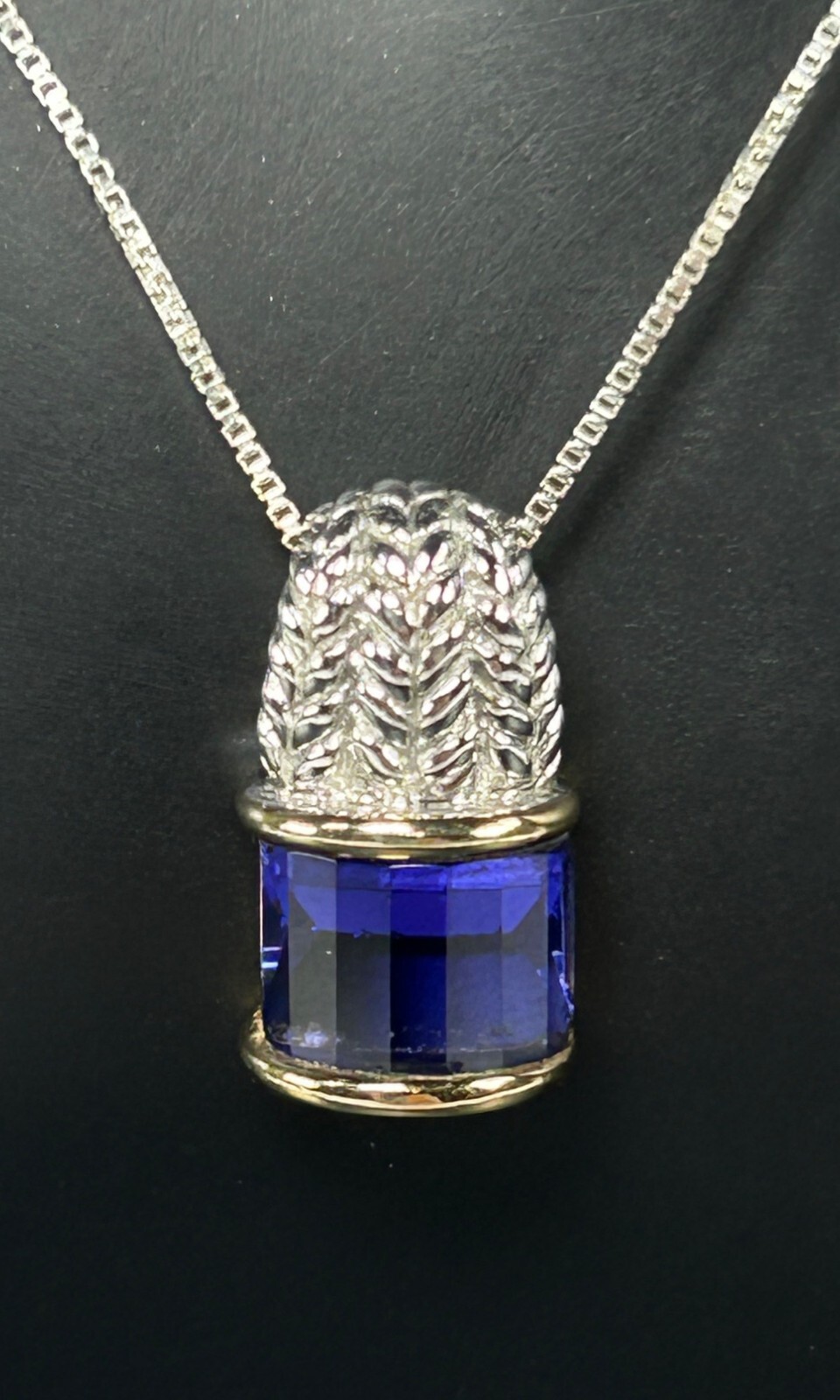 925 Sterling Silver Gold Tone Necklace Faceted Cobalt Blue Glass Pendant ITALY