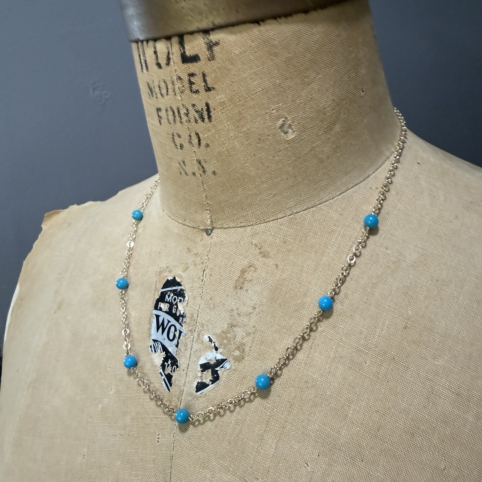 14k yellow gold turquoise bead station necklace 18″ 2.75 grams