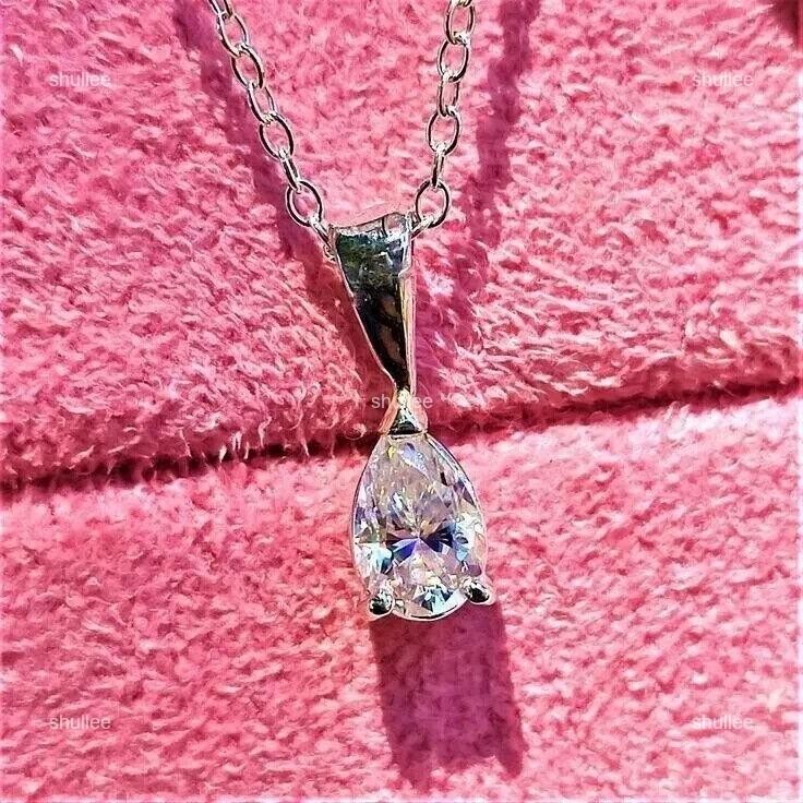 Pear Lab Grown Diamond 14K Solid White Gold Chain Anniversary Necklace Jewelry
