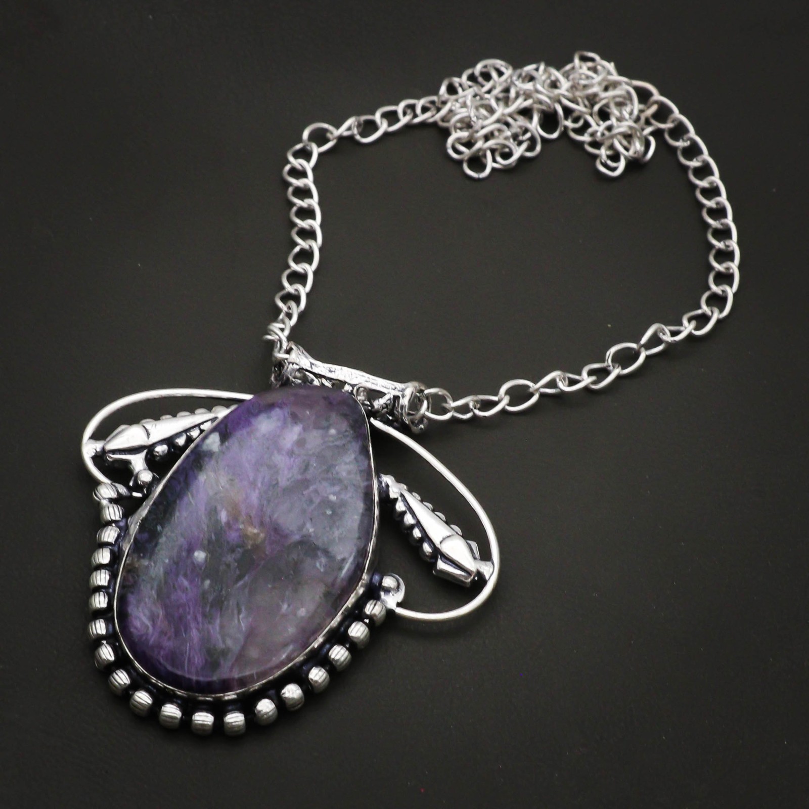 Natural Russian Charoite Gemstone 925 Sterling Silver Jewelry Necklace Size 18″