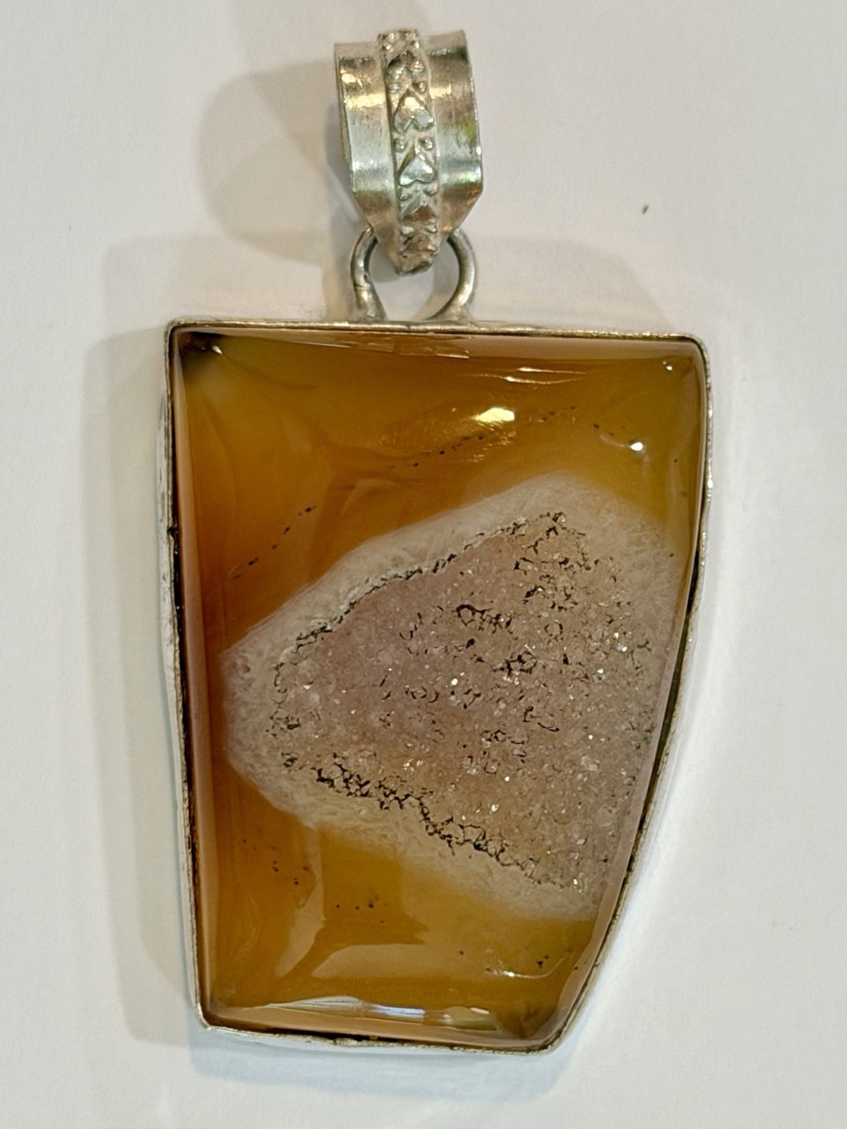 Vintage 925 Sterling Silver Agate Druzy Statement Pendant – 23.3g Boho Artisan