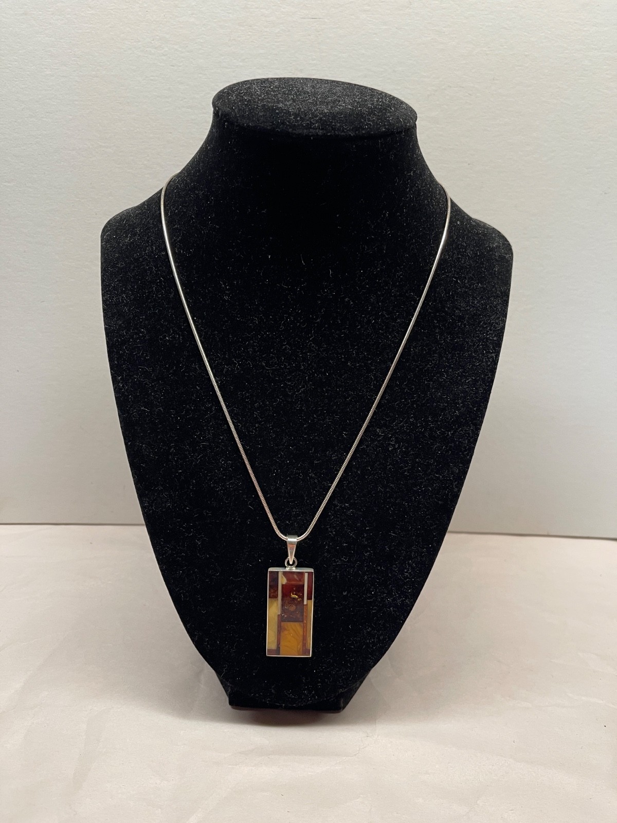 925 Sterling Multi Amber Mosaic Inlay Pendant & Round Snake Chain Necklace 18″