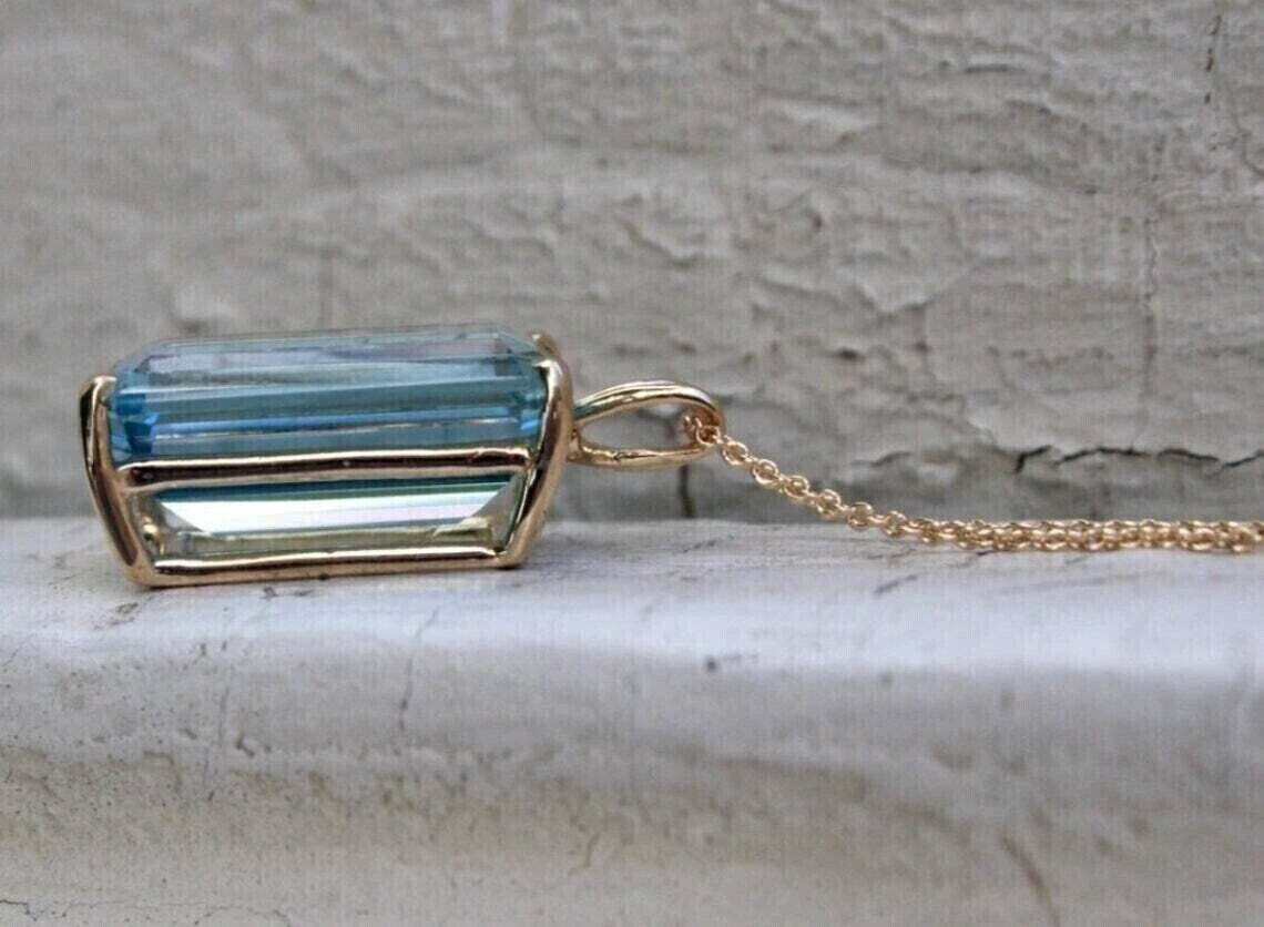 14K Yellow Gold Plated 4.25Ct Emerald Cut Lab Created Aquamarine Women’s Pendant