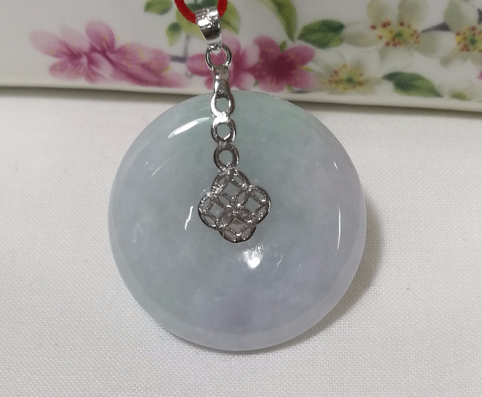 Genuine Grade A Myanmar Jadeite jade harmony ( 平安）Pendant in silver Dia30mm