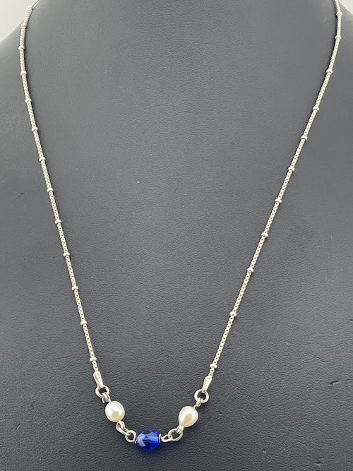 925 STERLING SILVER STATION CHAIN BLUE CRYSTAL/ PEARL NECKLACE 19.5″ CASUAL 2798