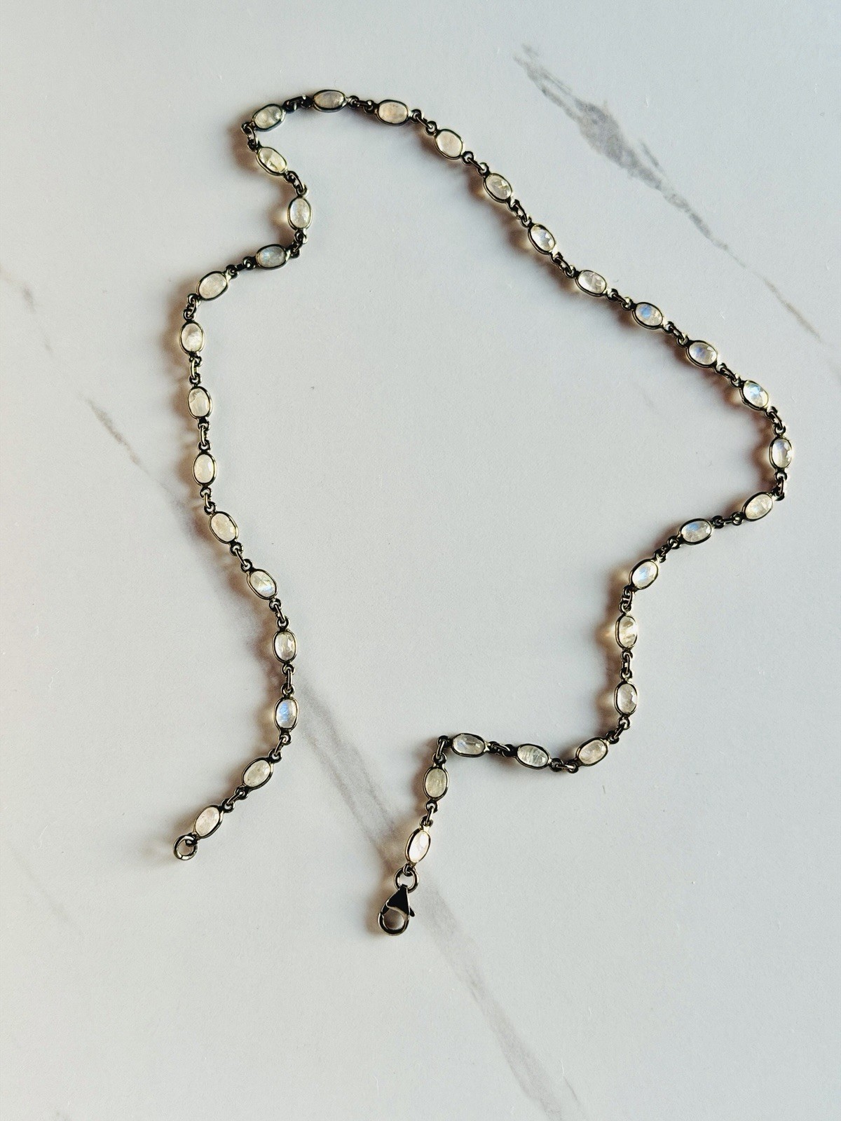 Sterling Silver Genuine Moonstone Gemstone Station Necklace Rhodium Plated Gift