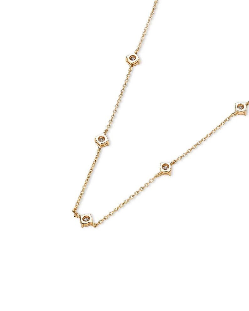 Round Cut Natural Diamond Station Necklace 14K Yellow Gold For Your Loved Once