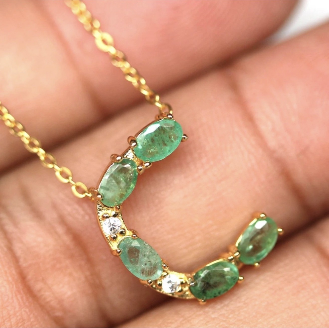 Stunning Natural Emerald 1.25CT Initial C Pendant 18K Yellow Gold Necklace 20 in
