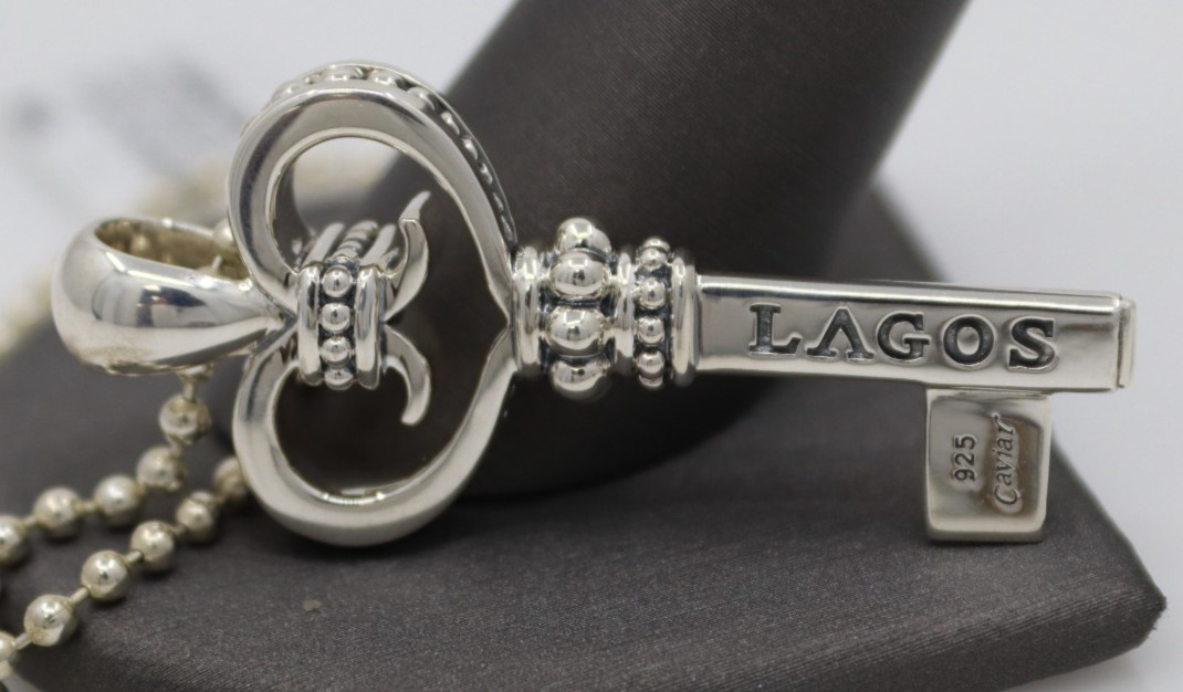 Lagos Caviar Sterling Silver Signature Key Pendant Beaded Necklace 34″ – 24G