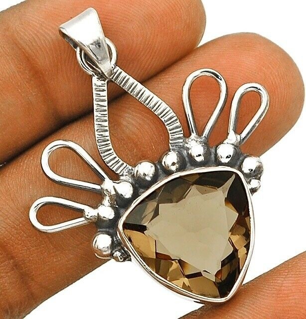 Natural 8CT Smoky Topaz 925 Sterling Silver Pendant 1 2/3″ Long @B1-3
