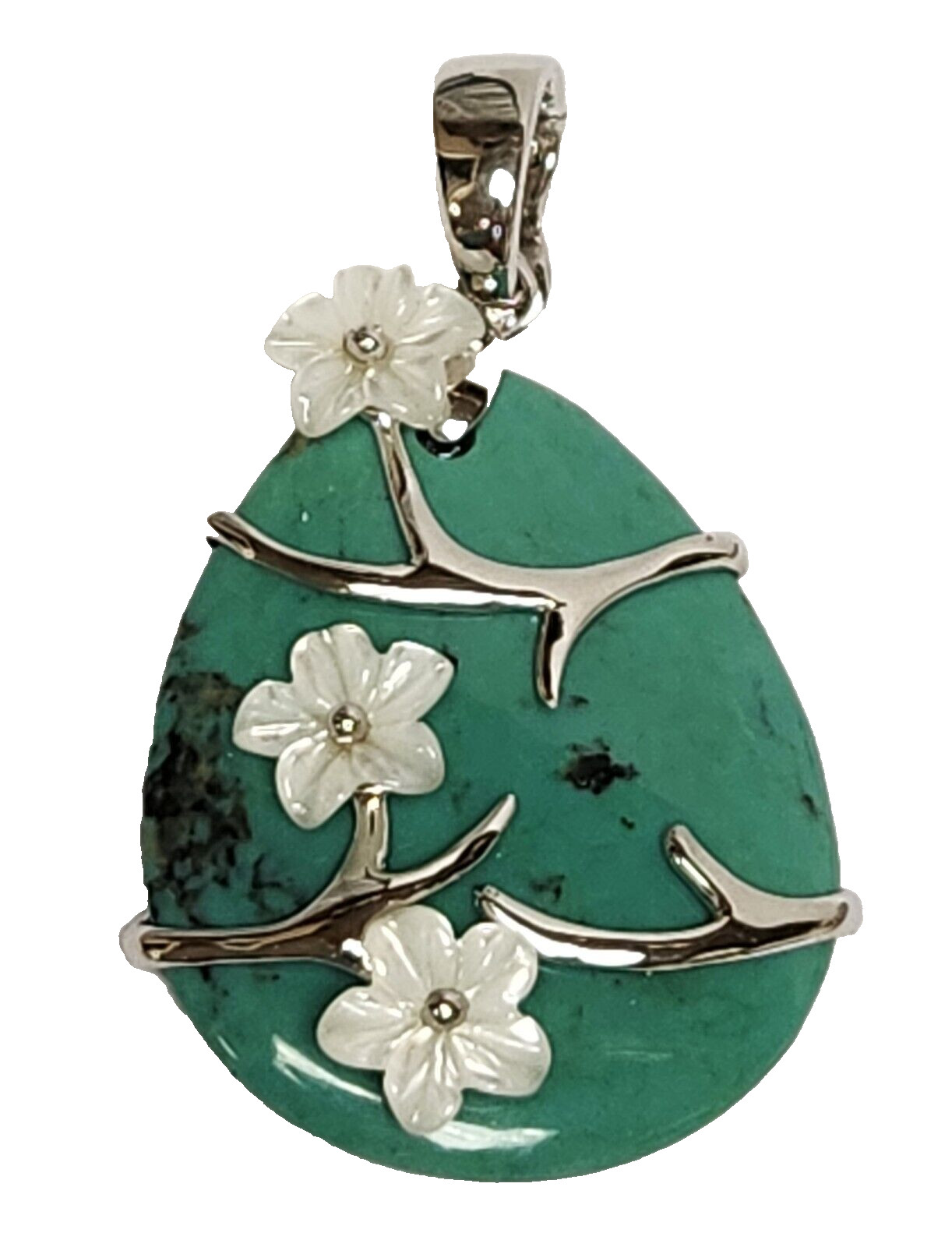 Sally C Treasures Teardrop Shape Turquoise 925 Enhancer Pendant MOP Flowers Vine
