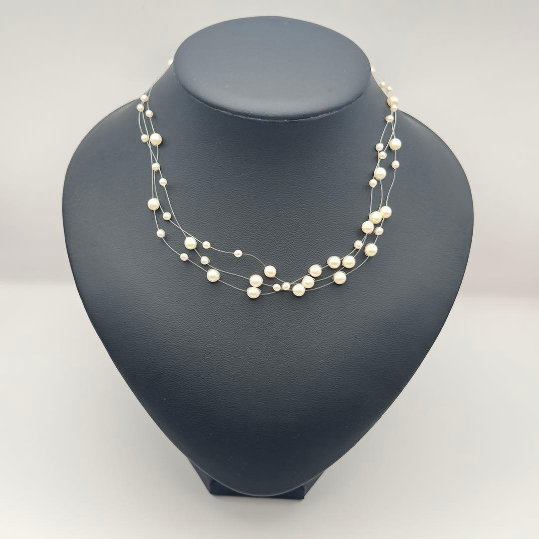 TASAKI 18K White Pearl 3-Row Wire Necklace 3-5.2mm 40cm 6.8g Triple Strand w/Box