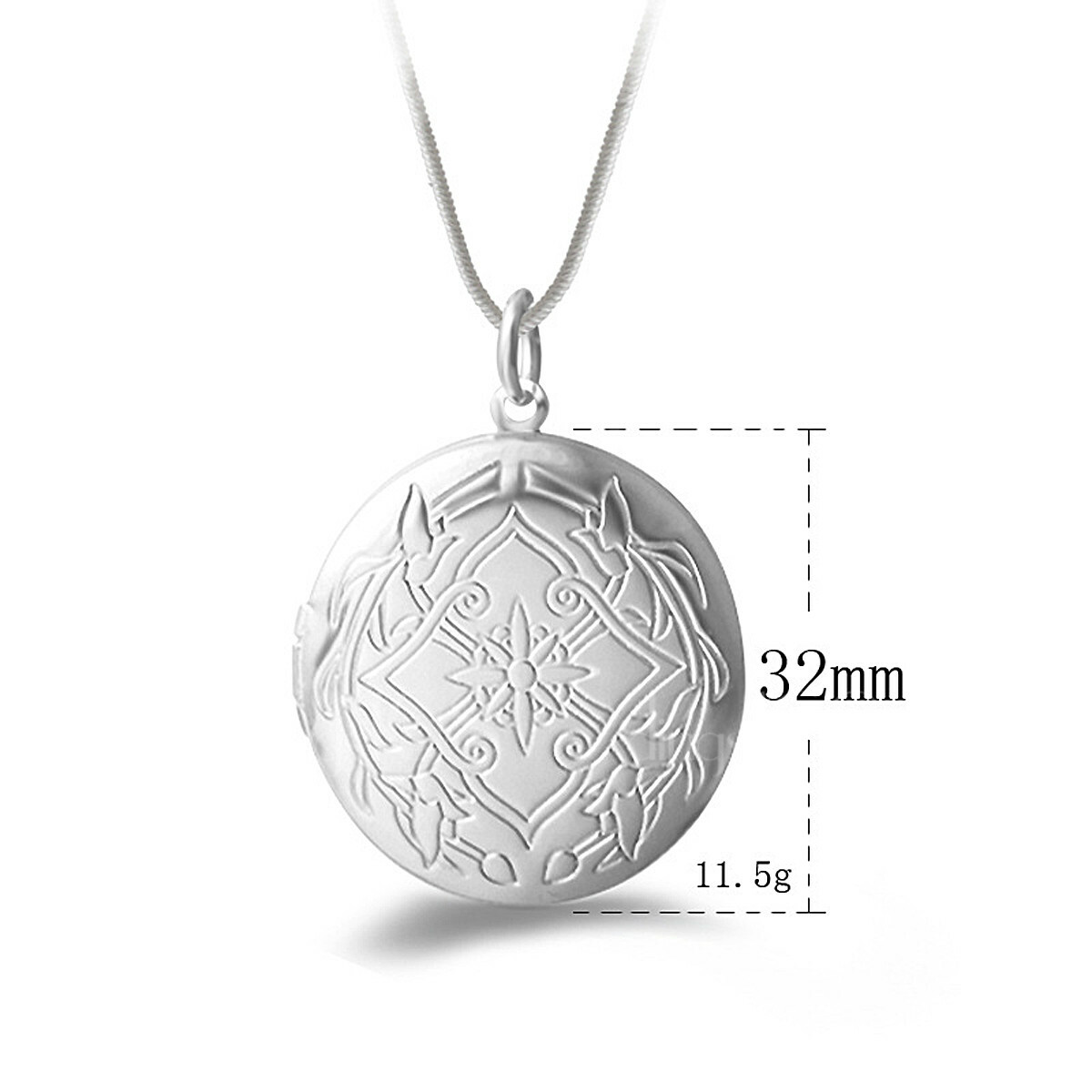 925 Sterling Silver Round Photo Locket Flower Pendant + Necklace Chain Set D704