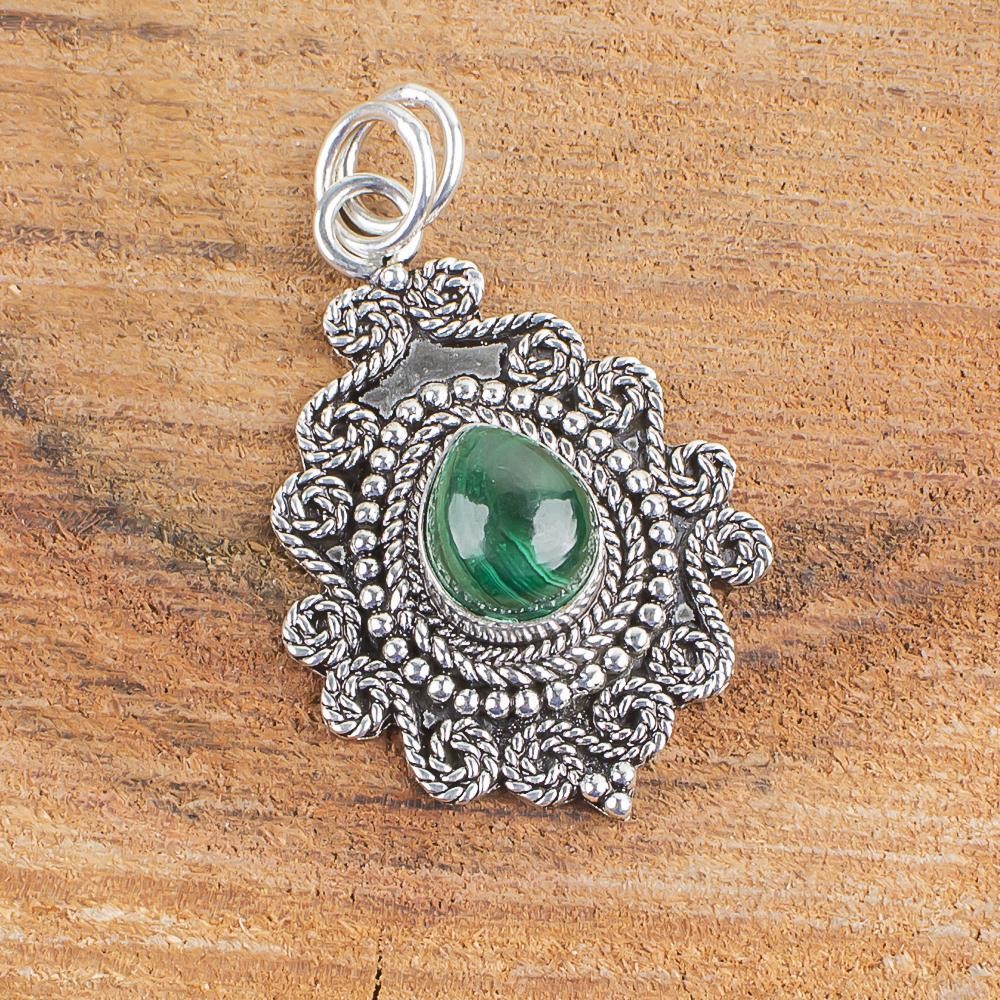 Genuine Malachite Bezel Set Minimalist Wedding Wife Pendant 925 Sterling Silver