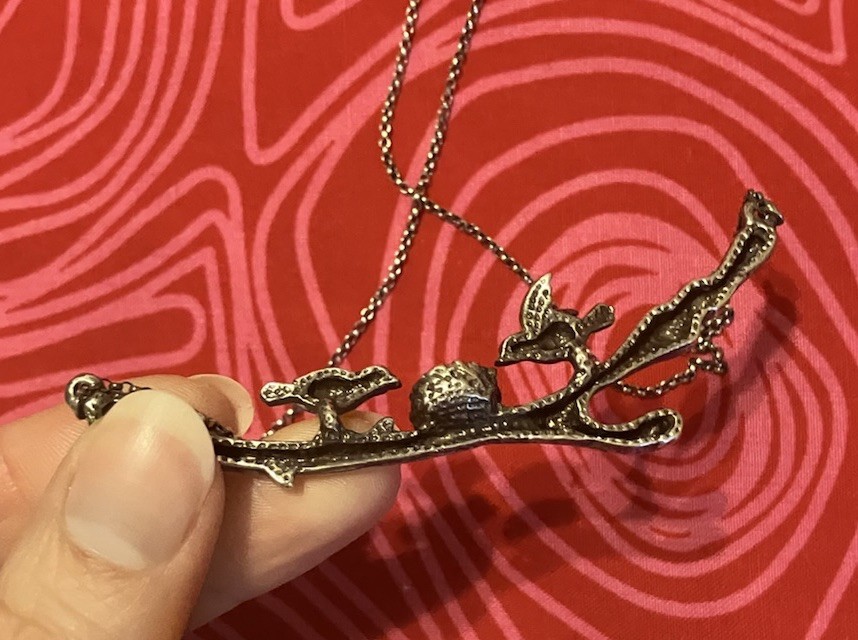Unique Sterling Silver 925 Textured Birds w/ Nest on Tree Branch Necklace
