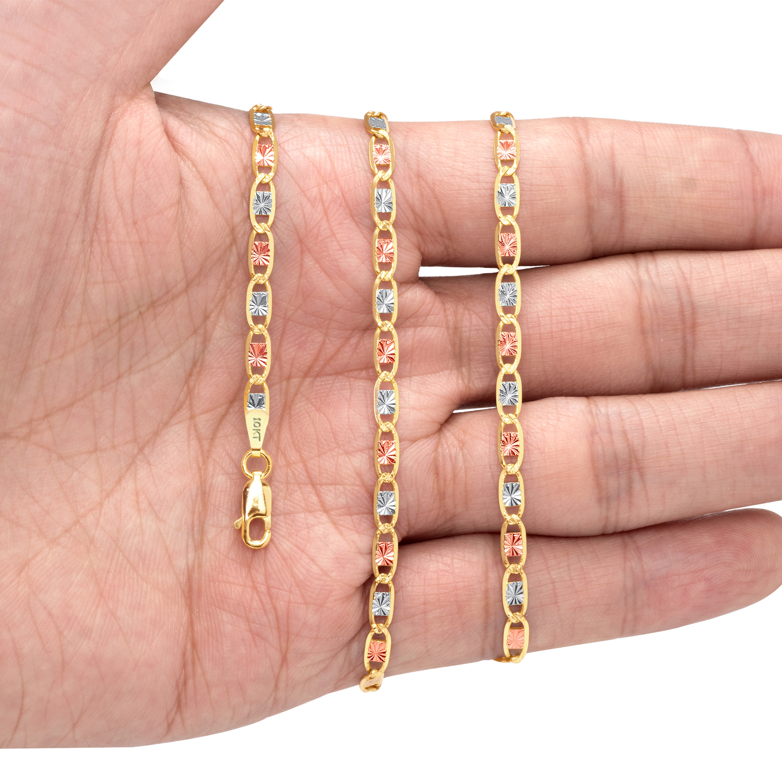 10K Tri Color Gold 1.5mm-5mm Valentino Mariner Anchor Chain Necklace 16″- 26″