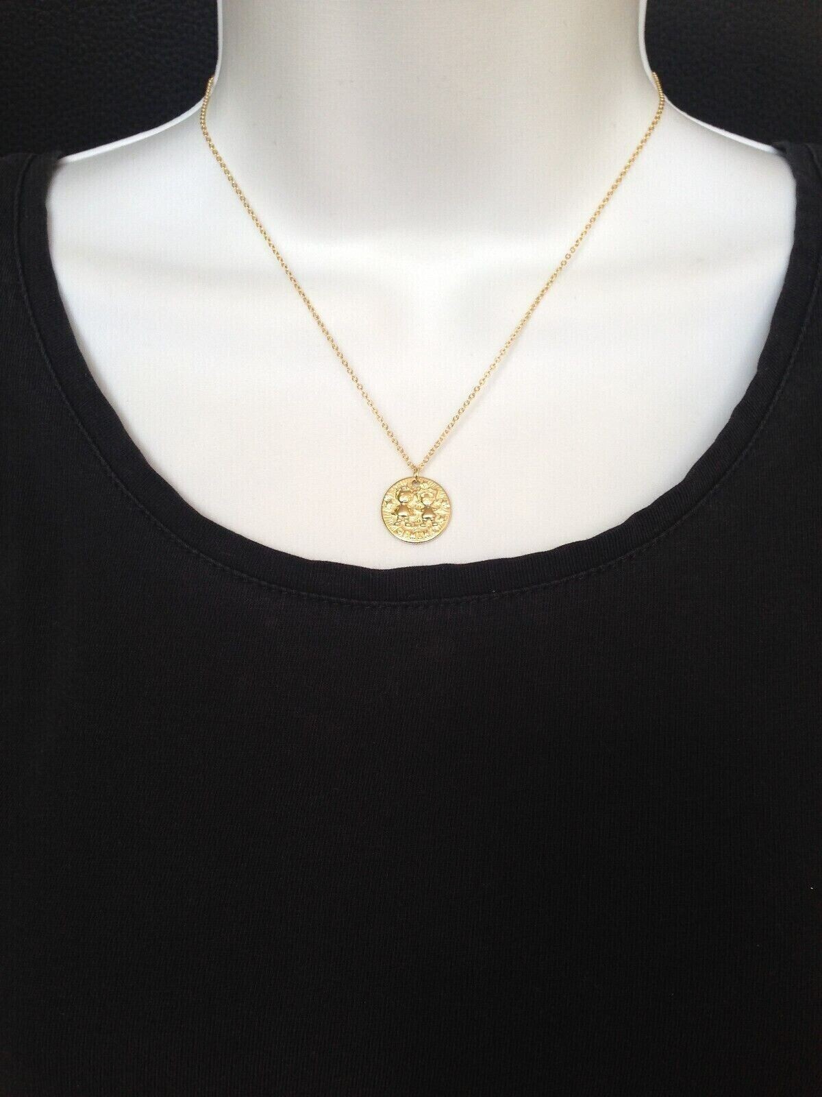 925 Sterling Silver Round Gold Zodiac Gemini Pendant Necklace Women 15mm 18″