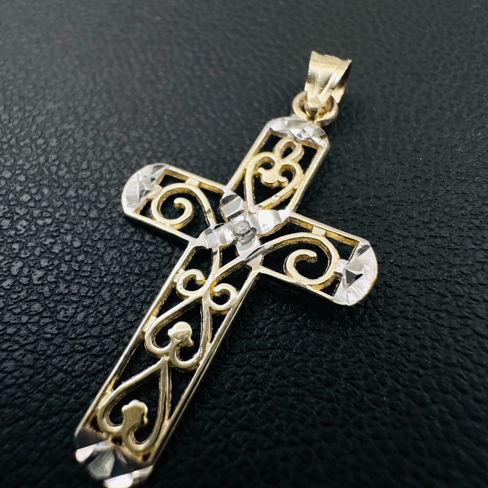 Solid 10K Multi-Tone Gold Filigree Cross Pendant w/White Sapphire Accent, 1.15″