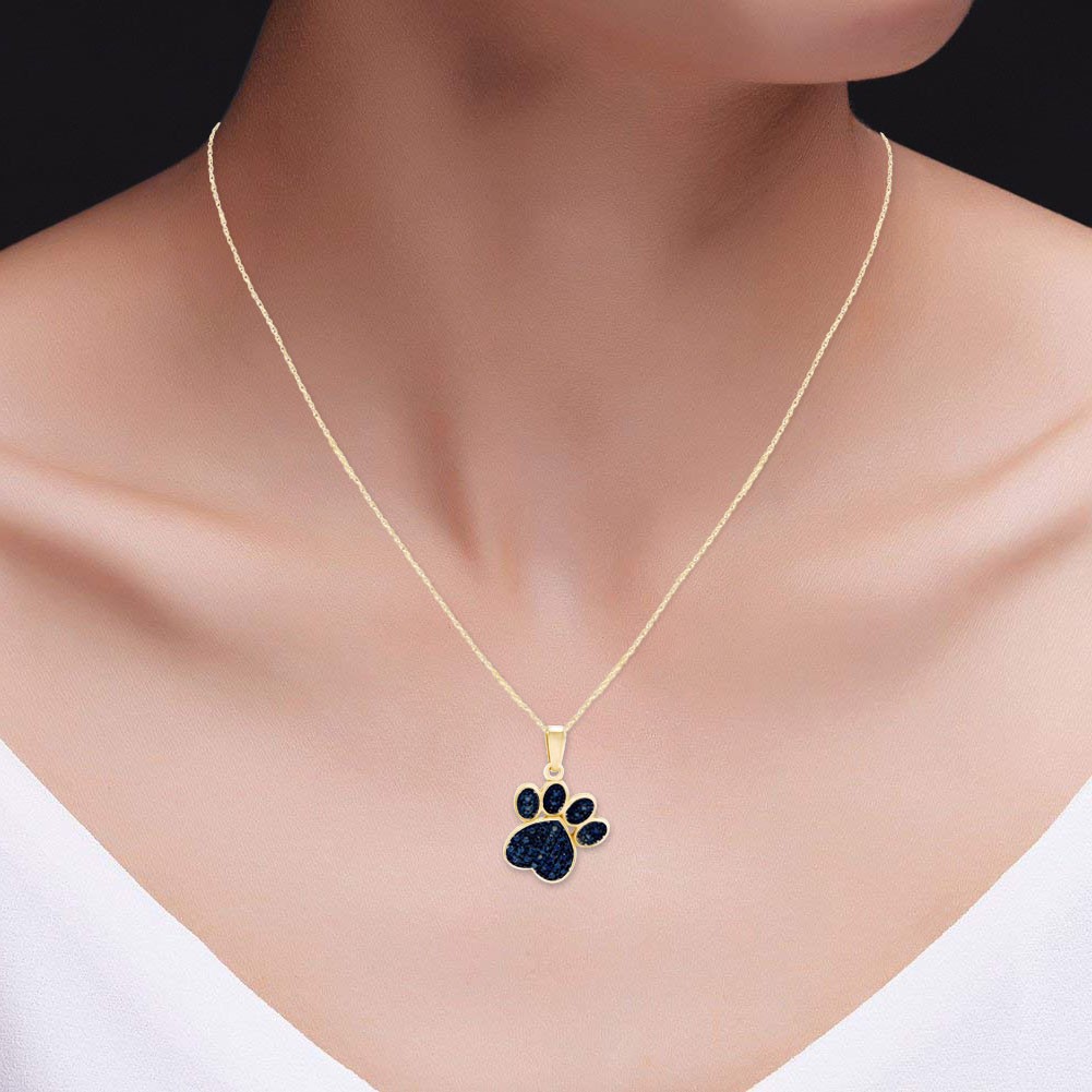 Blue Real Diamond Accent Paw Print Pendent 18″ Necklace 10K Yellow Gold Plated