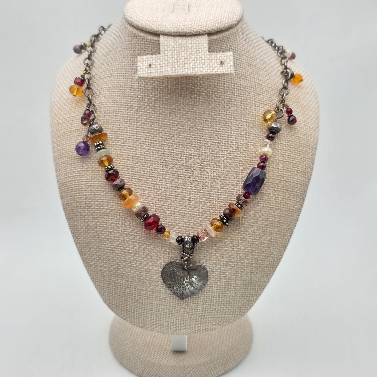 Multi-Color Gemstone Necklace Garnet Amethyst Citrine Pearl 925 Sterling Silver