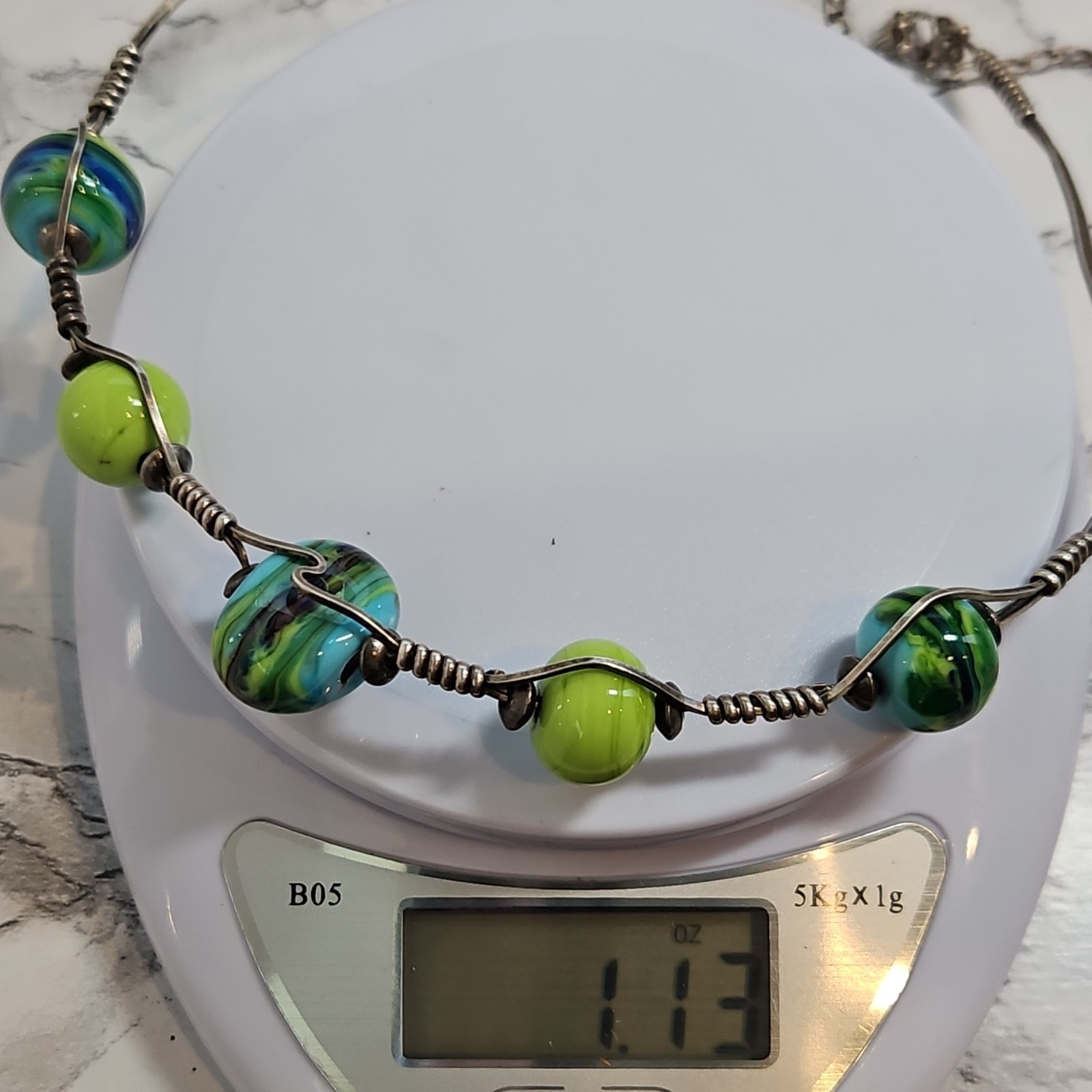 Sterling Silver 925 Beaded Choker Necklace Green Blue Glass Beads Artist Wrapped