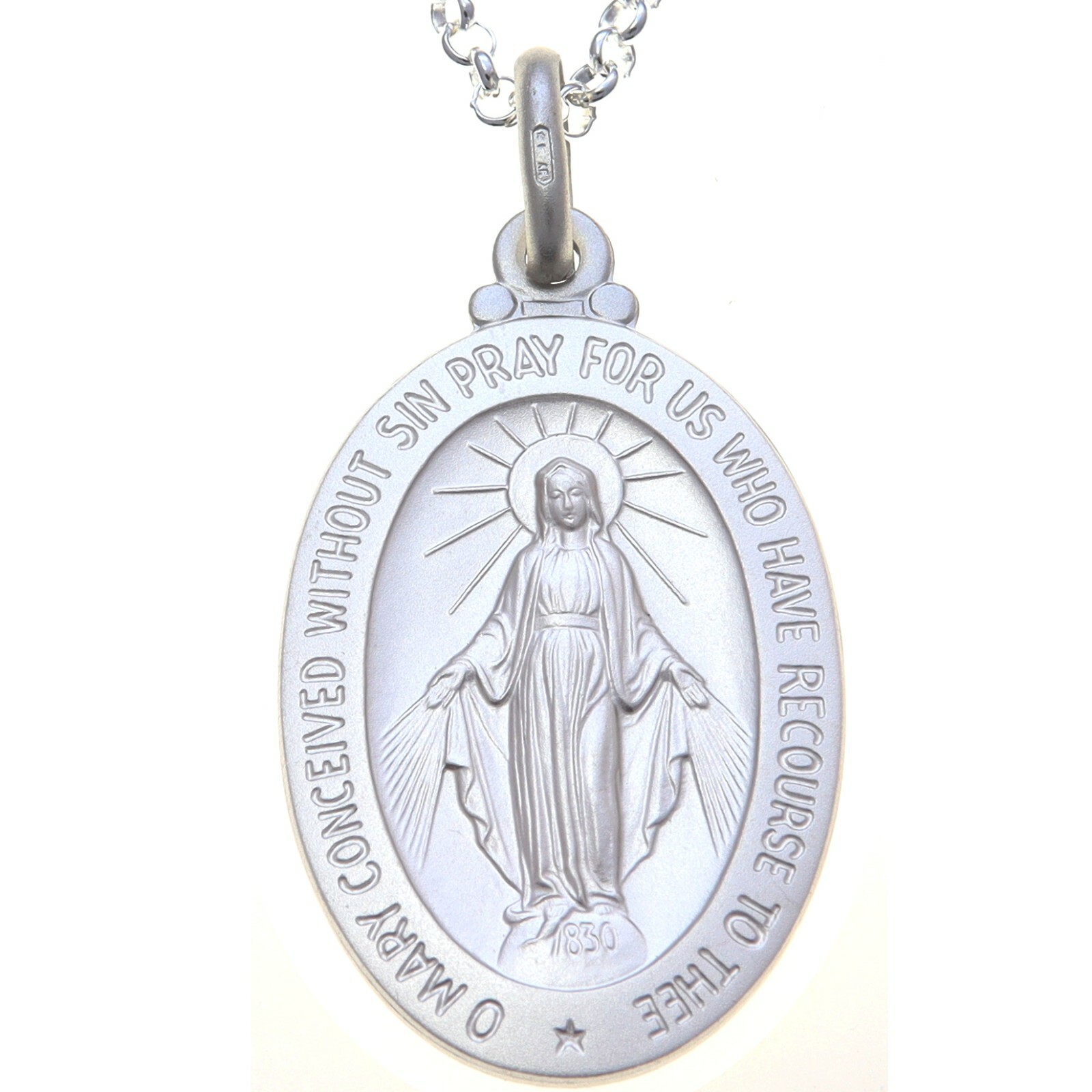 Mens large sterling silver Miraculous Mary medal necklace with 20″ chain & box