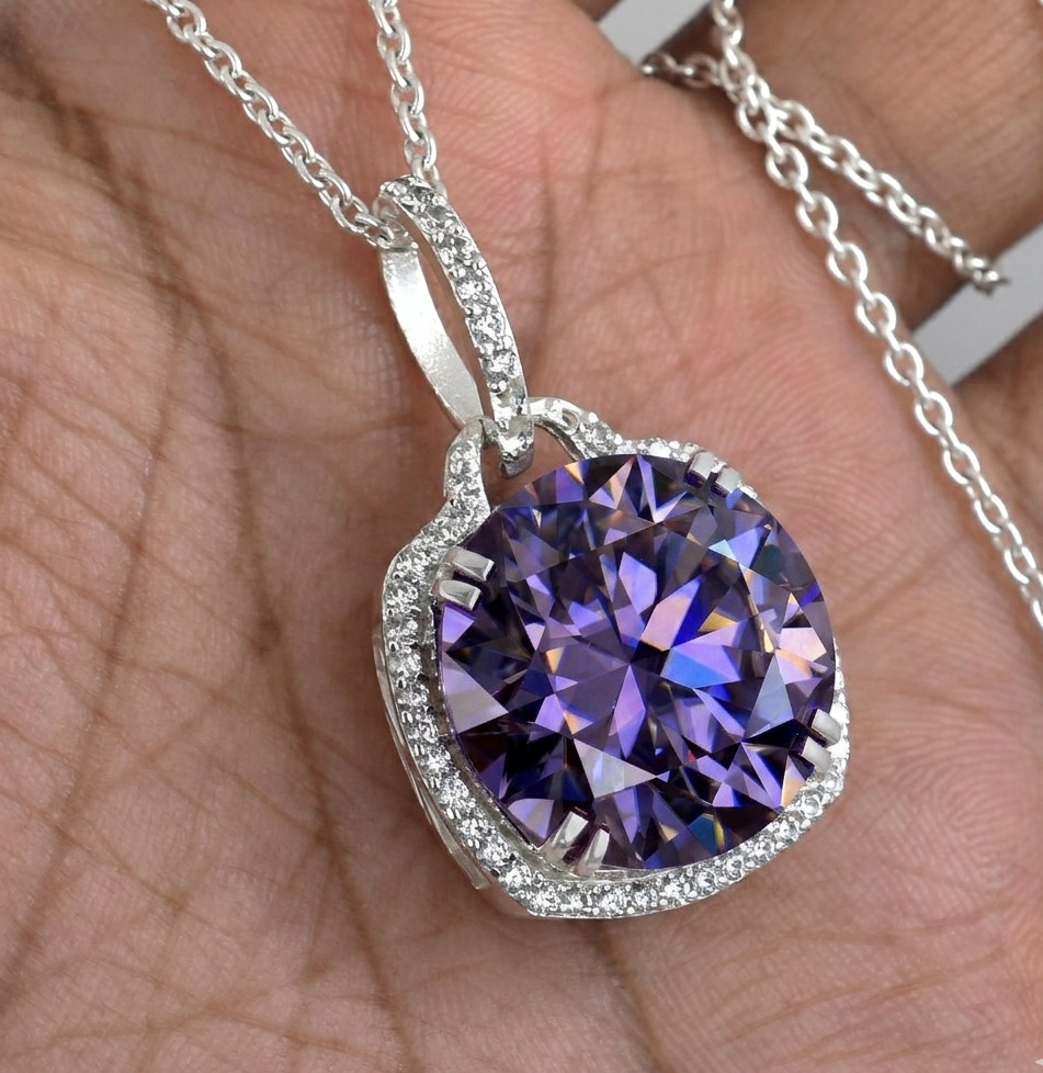 HUGE 19 Ct Certified Purple Diamond Solitaire Necklace, FREE Diamond Studs