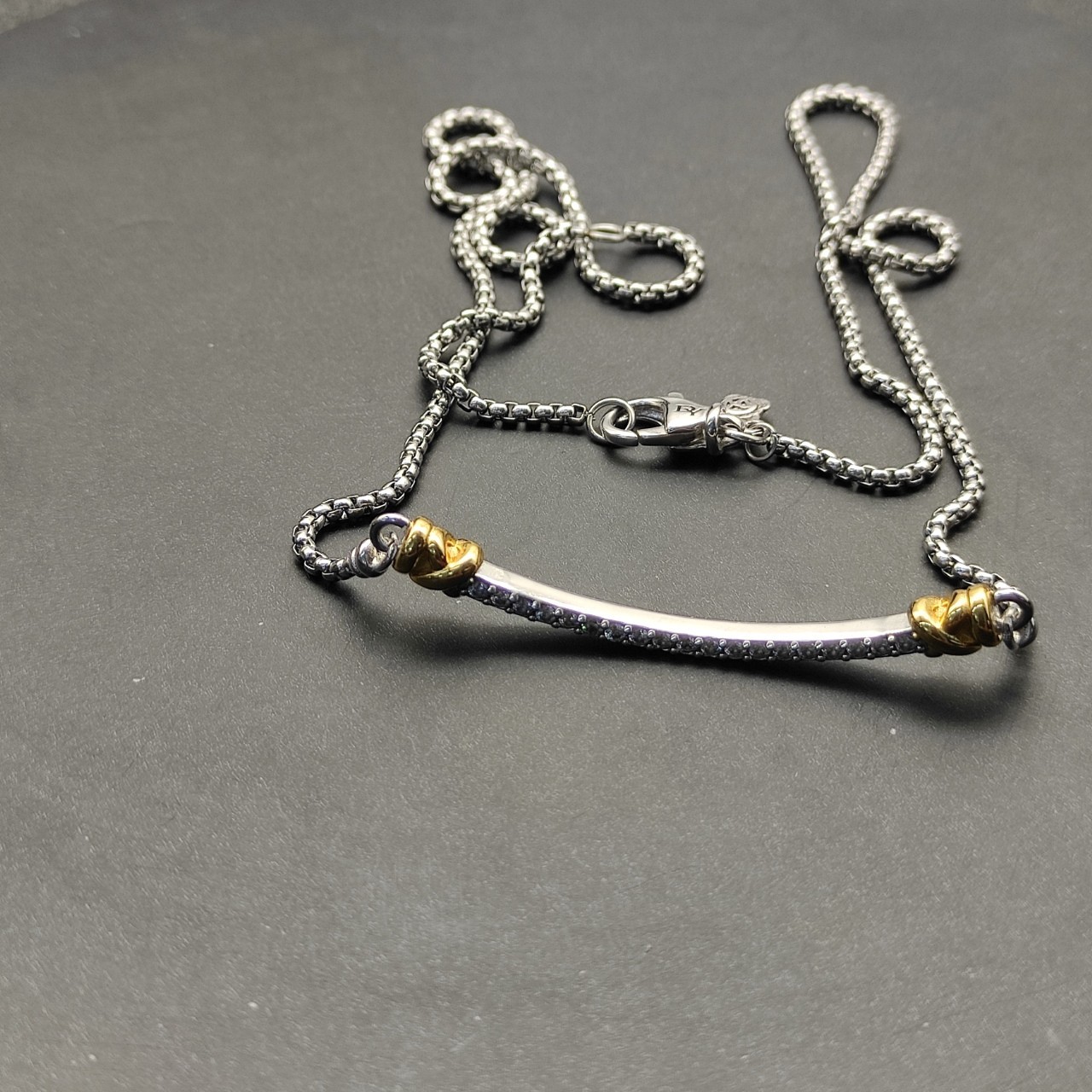 David Yurman 925 Silver 18K Gold Pavé Diamond Bar Adjustable Necklace 55cm