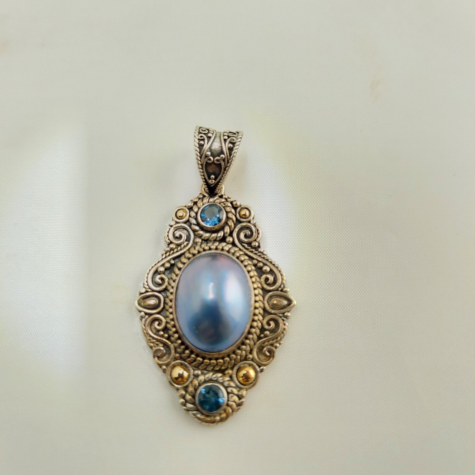 Vintage Balinese Sterling and 18k Pendant with London Blue Topaz and Blue Pearl