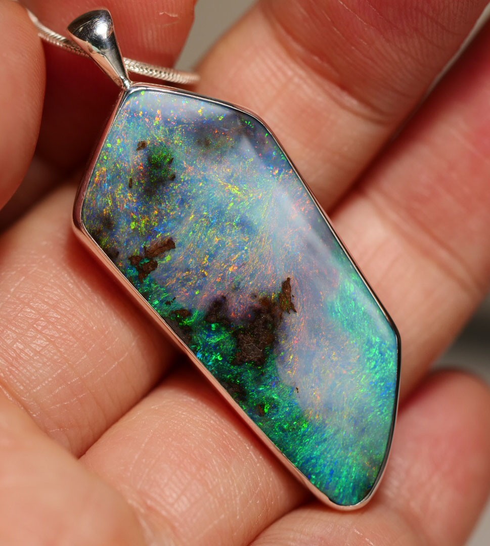 BIG Australia Natural Queensland Solid Boulder Opal Silver 925 Pendant Hallmark