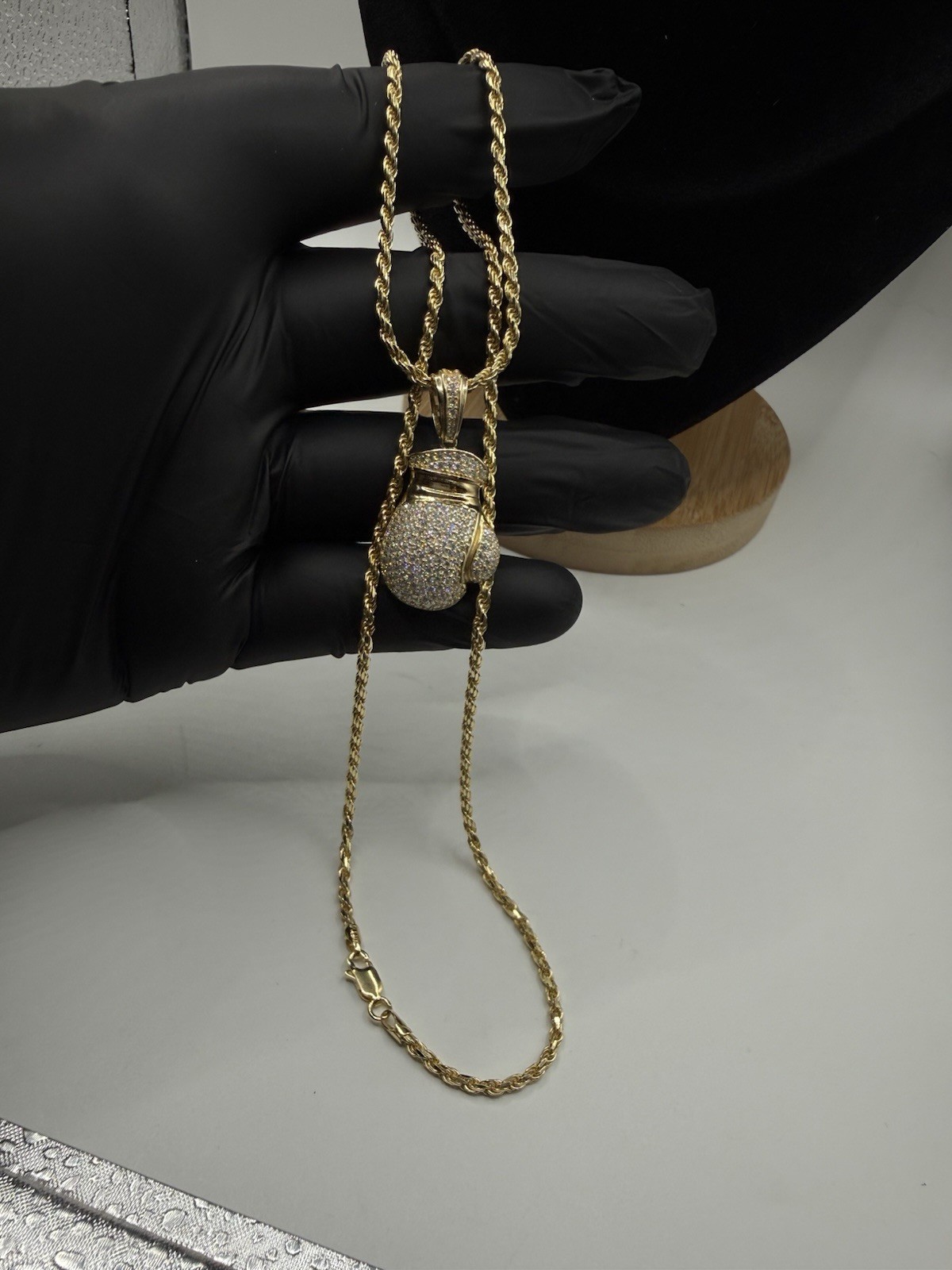 22” 925 Sterling Silver Vermeil Rope Chain w/ Moissnaite Boxing Glove 2.5mm