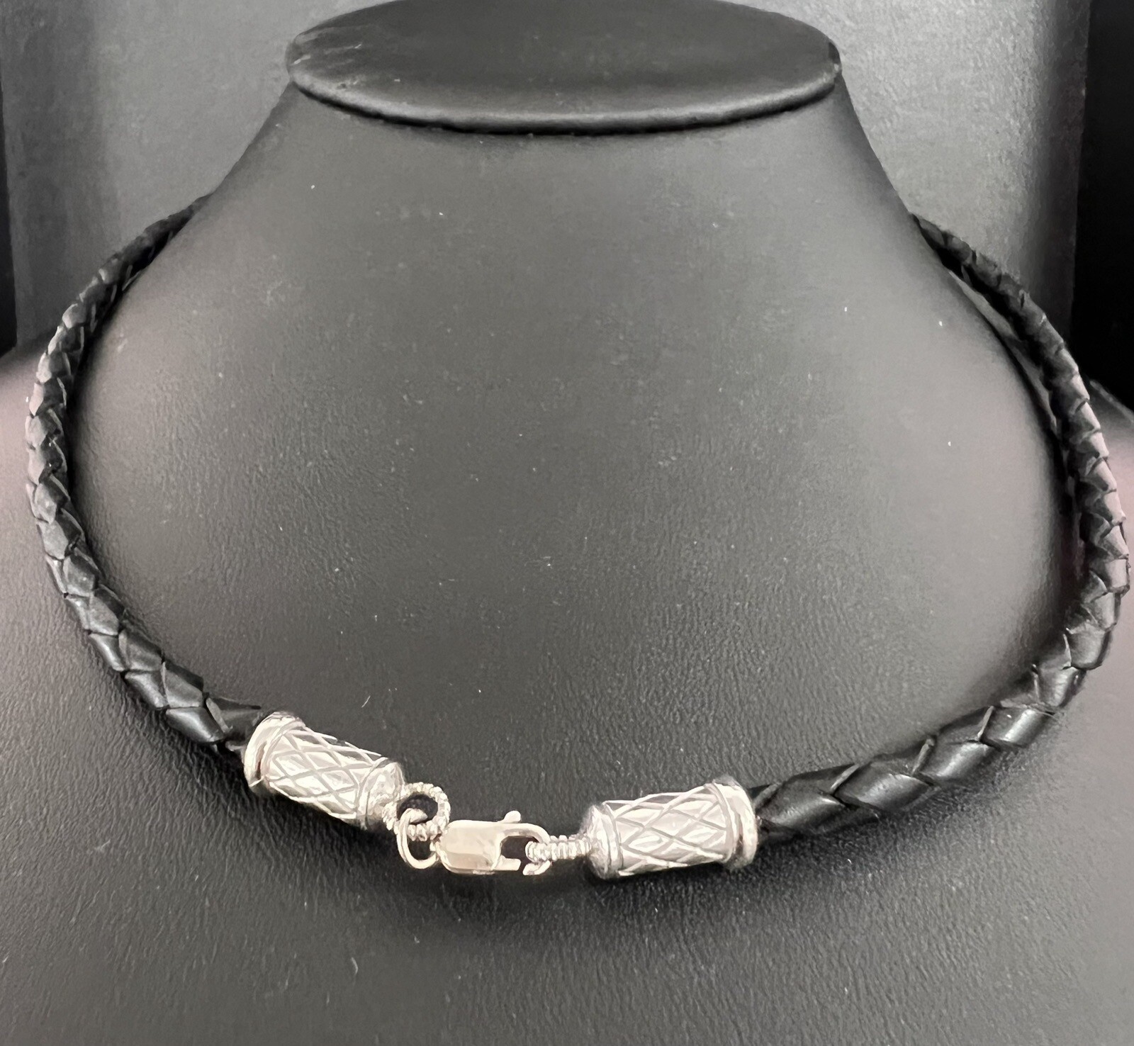 14k White Gold Lobster Clasp 4mm Black Braided Leather Cord Necklace NEW