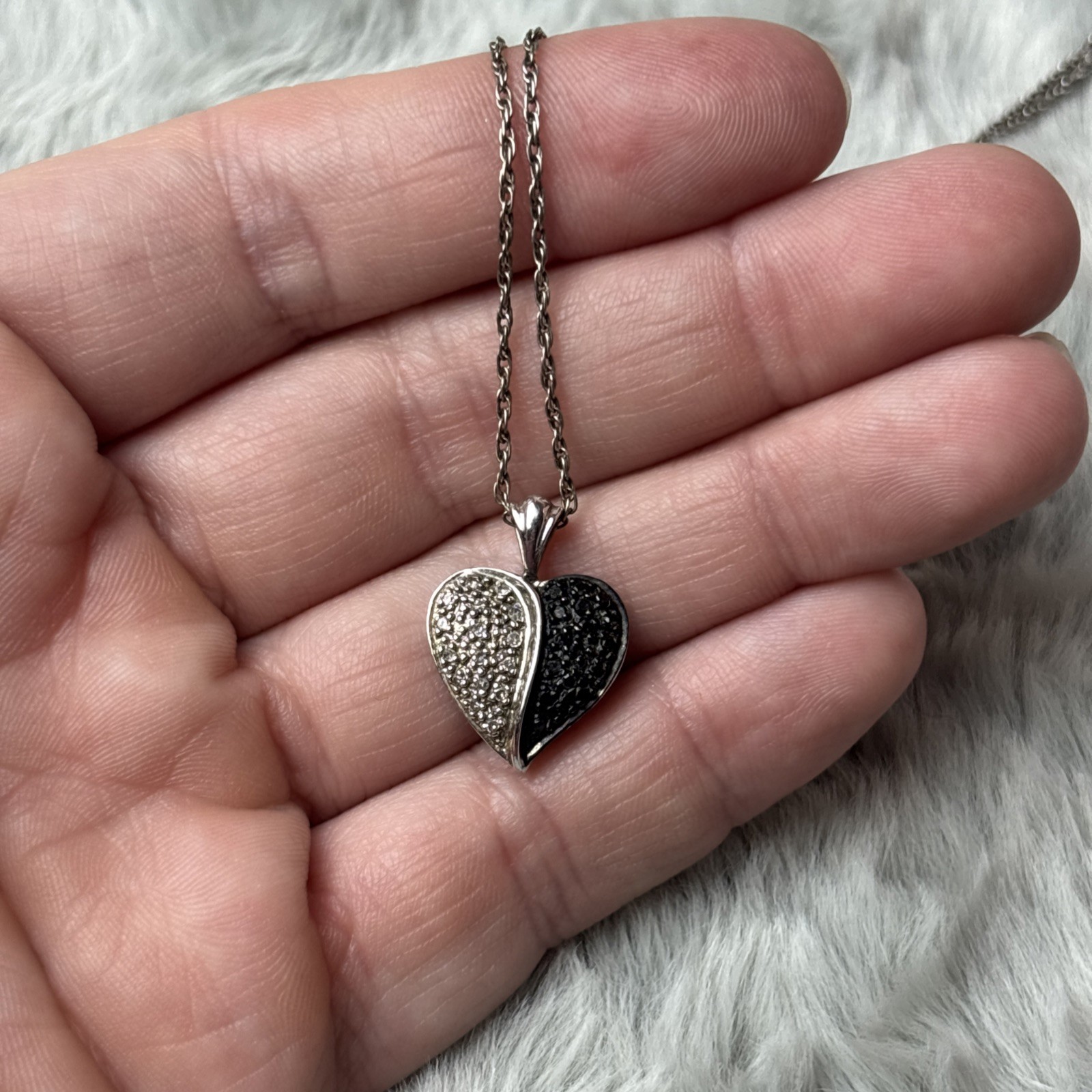 925 Sterling Silver Lab Created White Black Diamond Heart Pendant Necklace