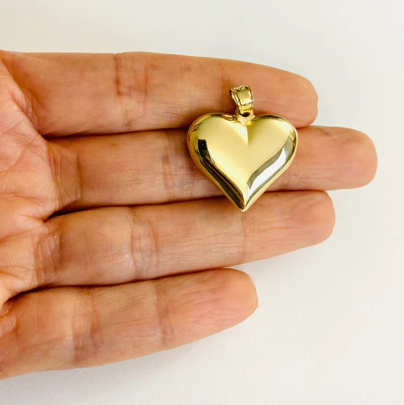 14K Gold Puffy Heart Charm Pendant, 14k Real Solid Gold 3-D Heart Pendant-14KC29