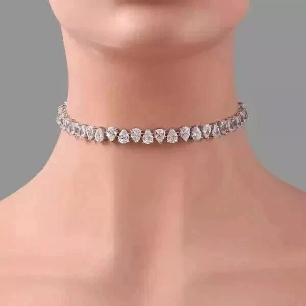 22Ct Pear Cut Lab-Created Diamond Tennis Choker Necklace 14K White Gold Finish