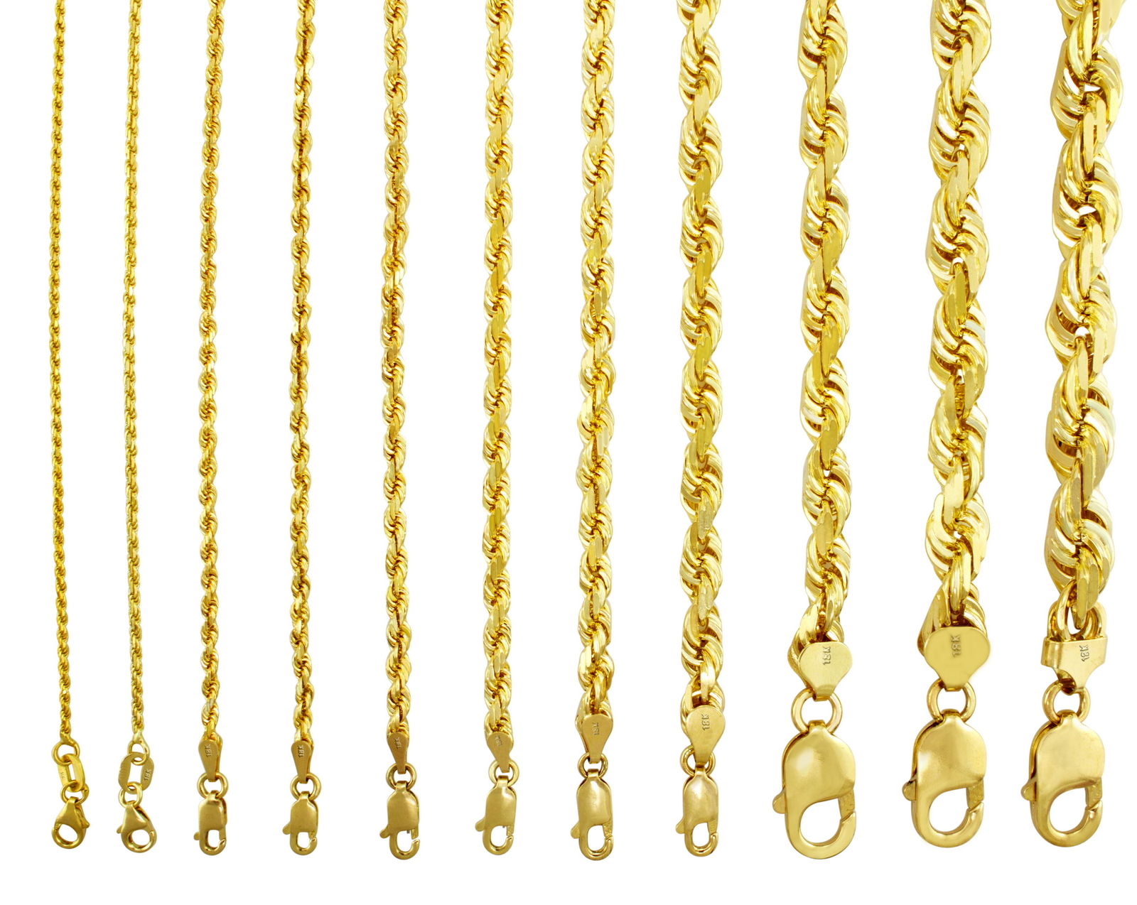 18K Yellow Gold Solid 2mm-7mm Rope Diamond Cut Chain Pendant Necklace 16″- 30″