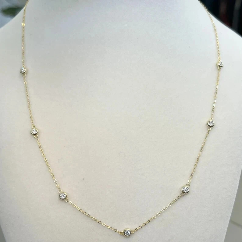 Women’s Round 3 CT Real Moissanite Station Necklace 14K Yellow Gold Plated