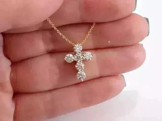 Cross 1.00Ct Lab Grown Diamond Charm Chain Pendant 14K Yellow Gold Plated Silver