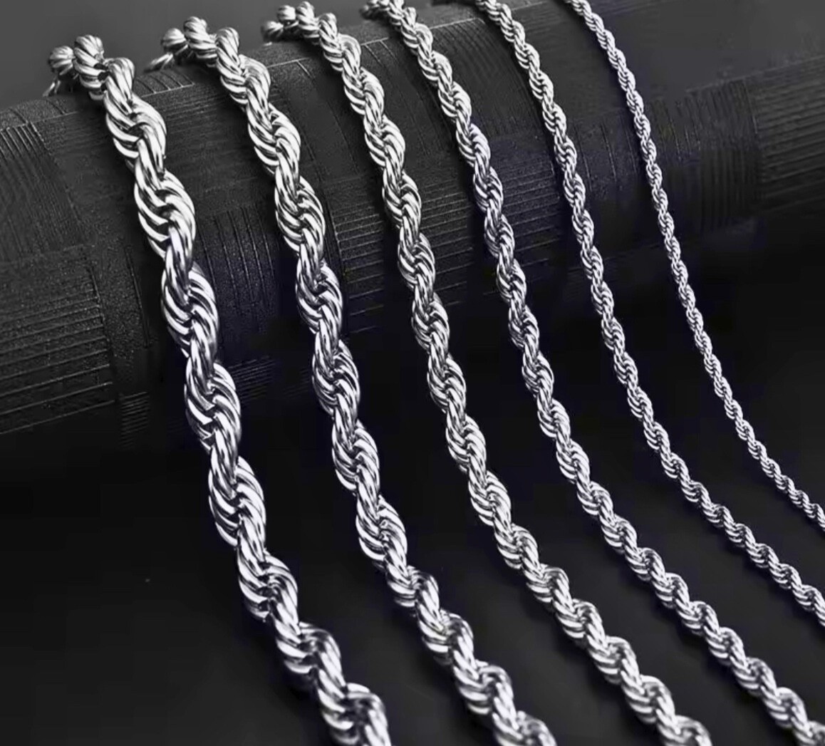 Mens Silver Rope Chain Necklace Stainless Steel Lobster Clasp 2–4mm Link