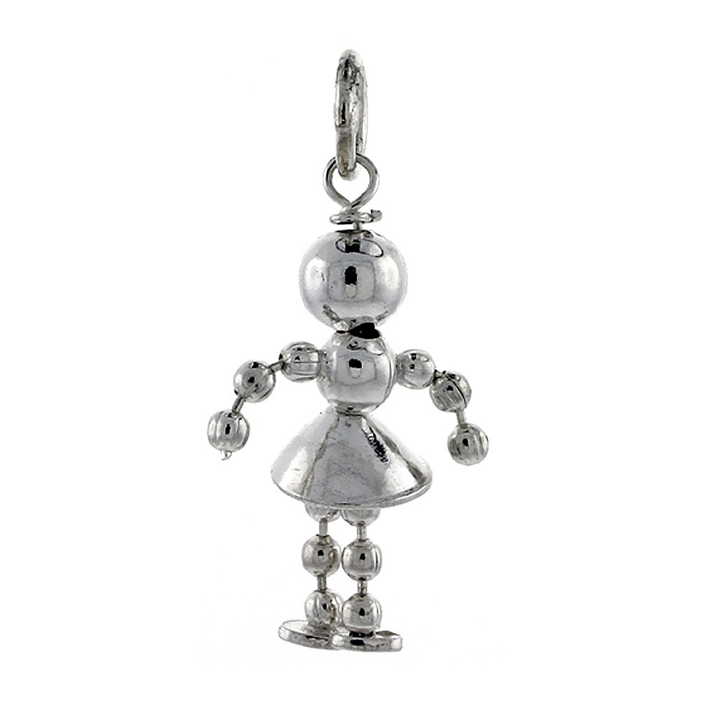 925 Sterling Silver Polished Movable Female Doll Pendant 25/32 (20mm) Inch Tall