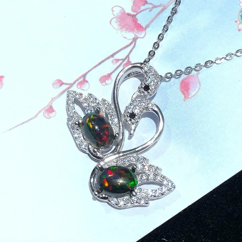 Fire Opal Swan Pendant 5x7mm, Black Opal Pendant Necklace,