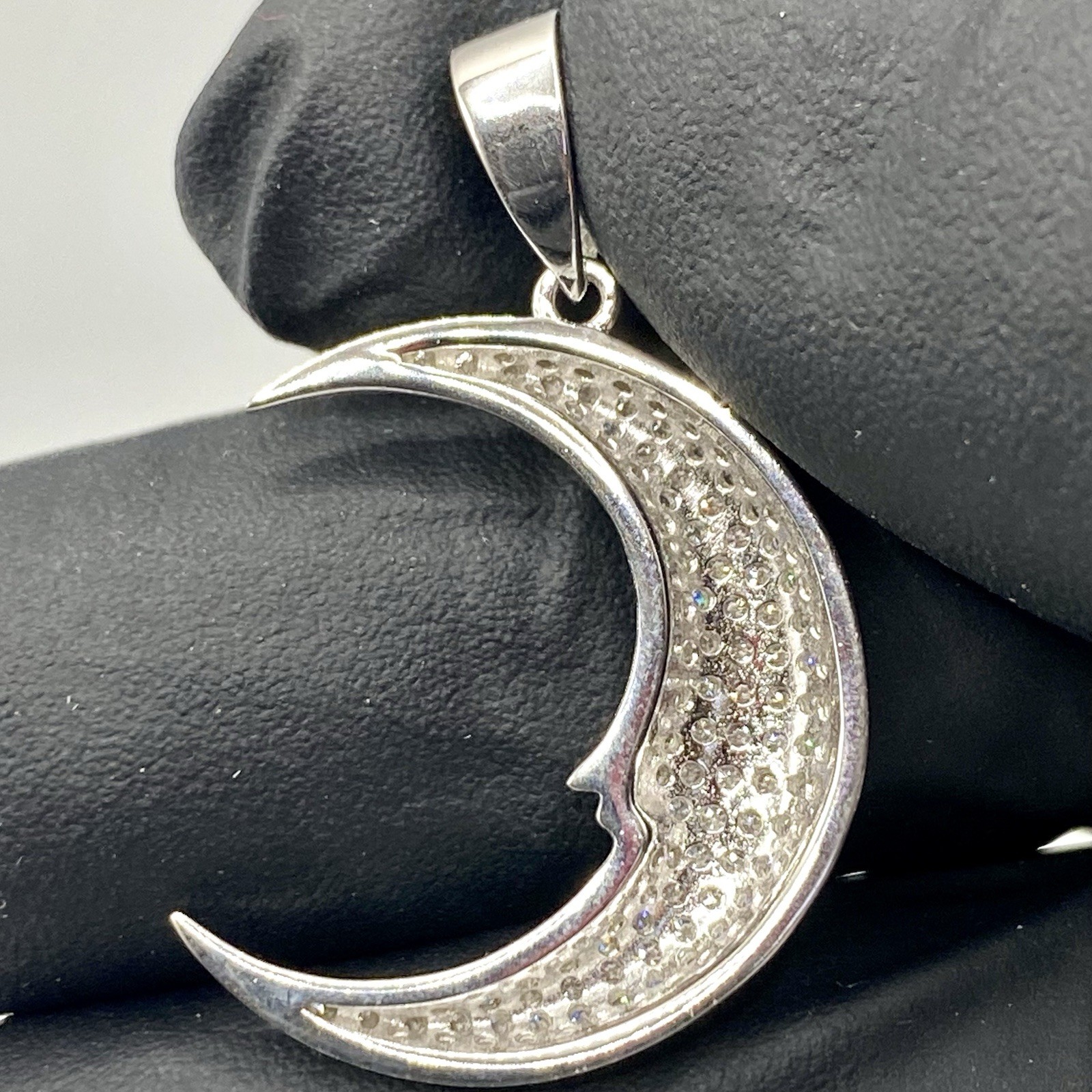 1.00 CTW Moissanite Crescent Moon Pendant 925 Sterling Silver – Pave Set, 1.31”