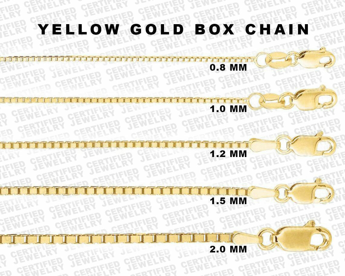 Solid 14K Yellow Gold Box Chain Necklace, 0.8MM To 2.0MM Wide, 13-30 inches