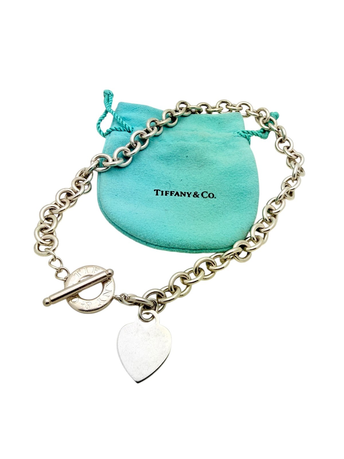 Tiffany & Co. Sterling Silver Heart Tag Toggle Chain Link Necklace 16.25″ Pouch
