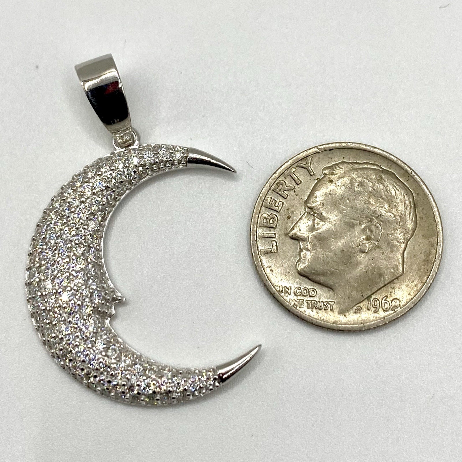 1.00 CTW Moissanite Crescent Moon Pendant 925 Sterling Silver – Pave Set, 1.31”