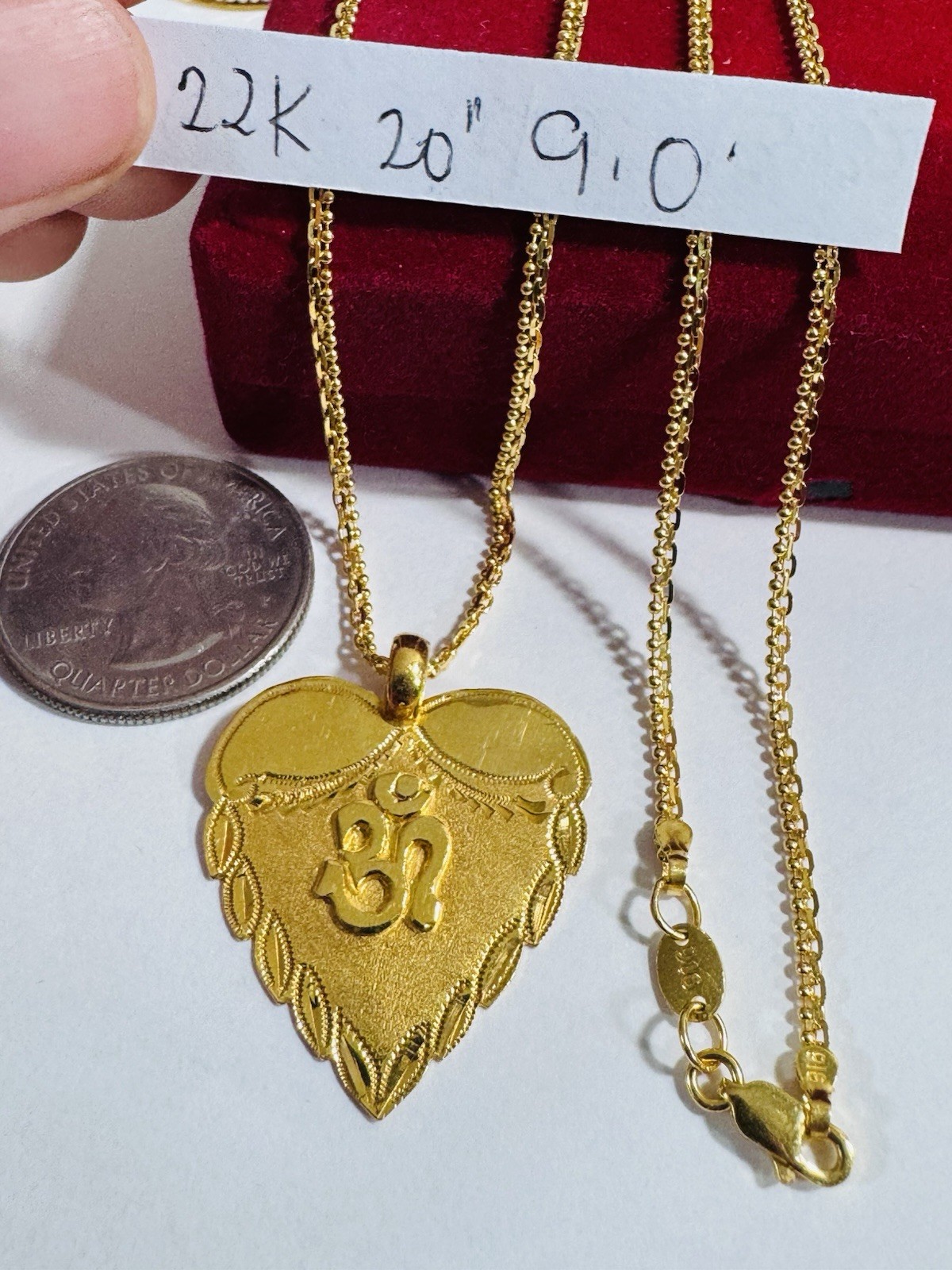 Saudi Dubai 22K Solid 916 Real Gold Heart Sikh Set Necklace 20” Long 9.0g 2.2mm